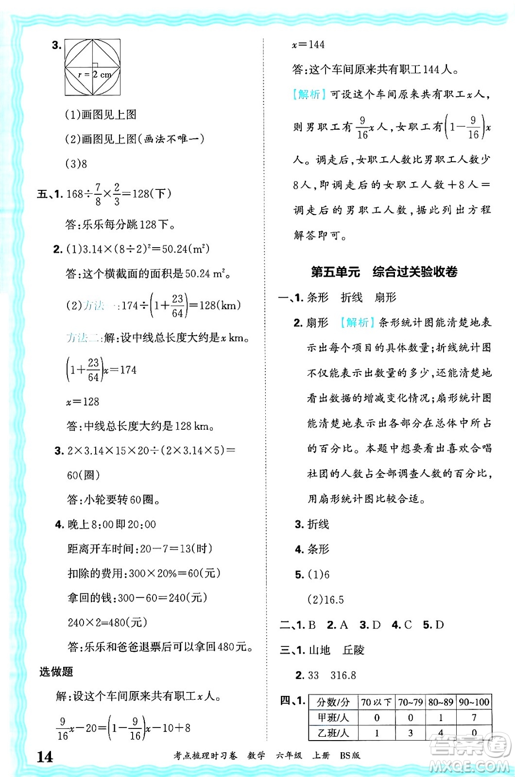 江西人民出版社2024年秋王朝霞考點(diǎn)梳理時習(xí)卷六年級數(shù)學(xué)上冊北師大版答案