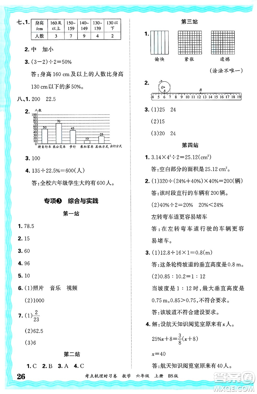 江西人民出版社2024年秋王朝霞考點(diǎn)梳理時習(xí)卷六年級數(shù)學(xué)上冊北師大版答案