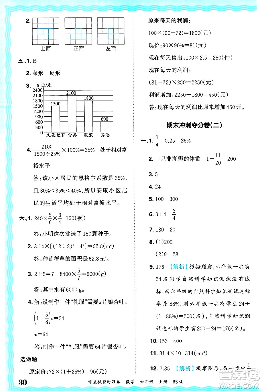 江西人民出版社2024年秋王朝霞考點(diǎn)梳理時習(xí)卷六年級數(shù)學(xué)上冊北師大版答案