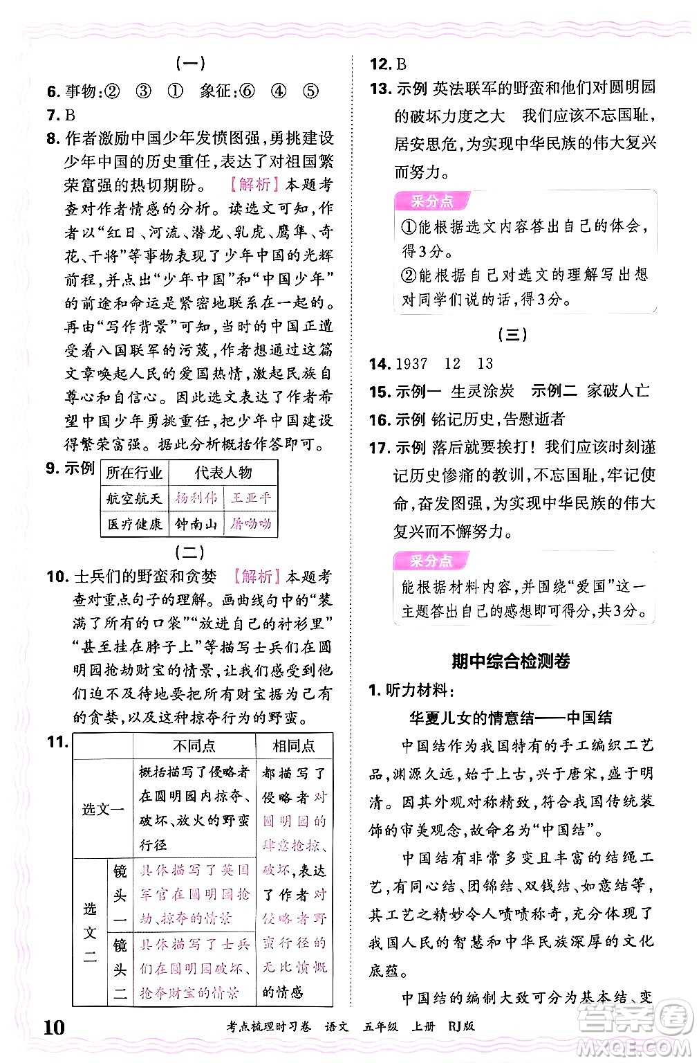 江西人民出版社2024年秋王朝霞考點(diǎn)梳理時(shí)習(xí)卷五年級(jí)語(yǔ)文上冊(cè)人教版答案