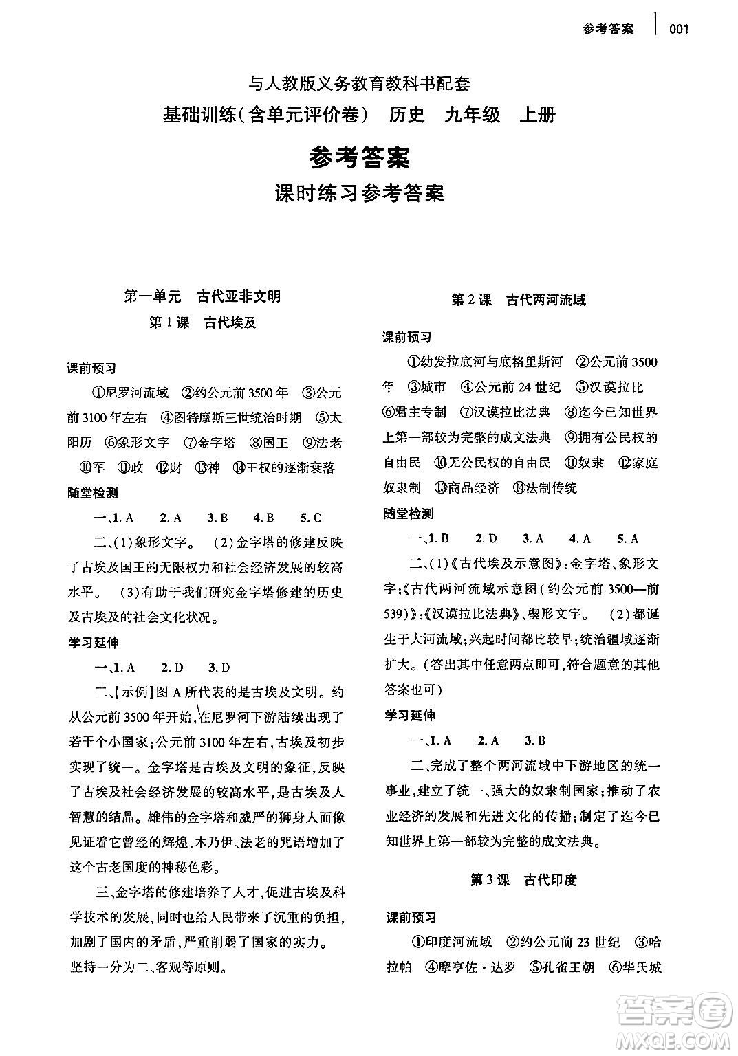 大象出版社2024年秋基礎(chǔ)訓(xùn)練九年級(jí)歷史上冊(cè)人教版答案