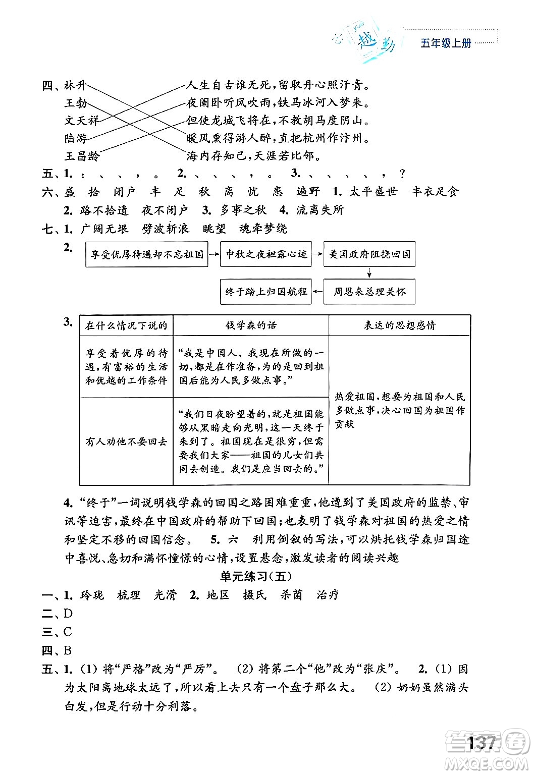 江蘇鳳凰教育出版社2024年秋練習(xí)與測試小學(xué)語文五年級(jí)語文上冊(cè)人教版答案