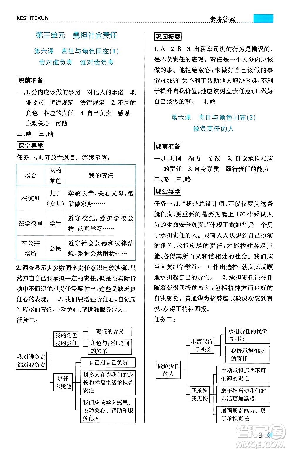 浙江人民出版社2024年秋課時特訓(xùn)八年級道德與法治上冊人教版答案