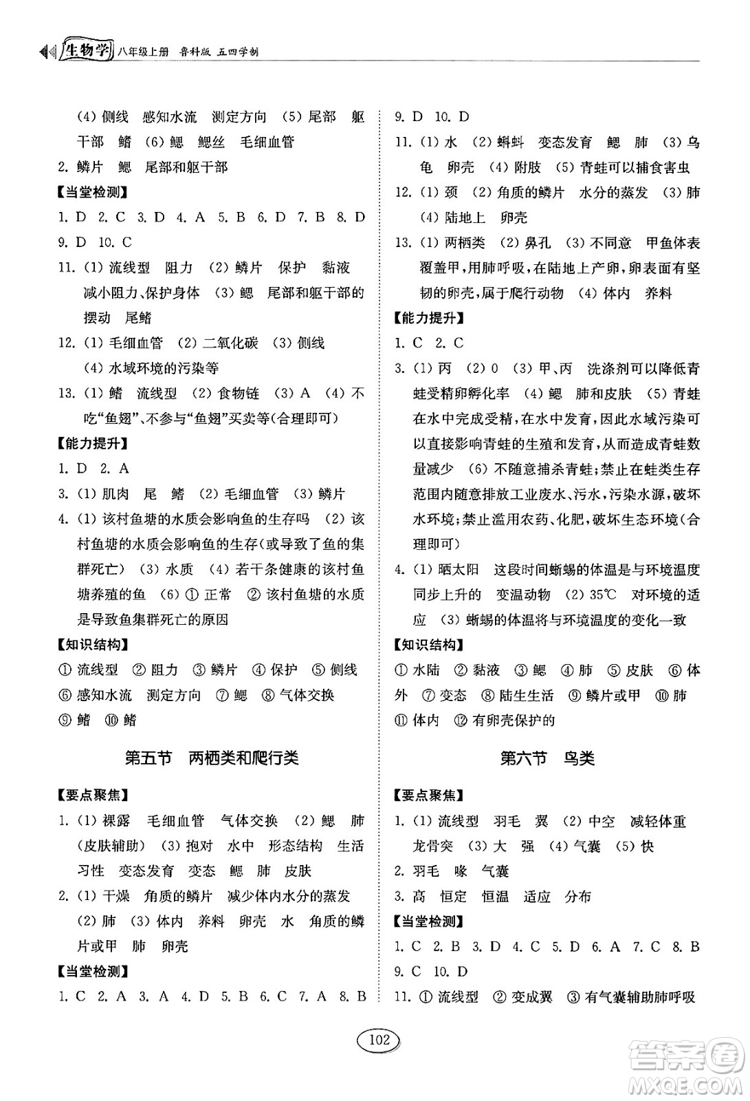 山東科學(xué)技術(shù)出版社2024秋初中同步練習(xí)冊八年級生物上冊魯科版五四制答案