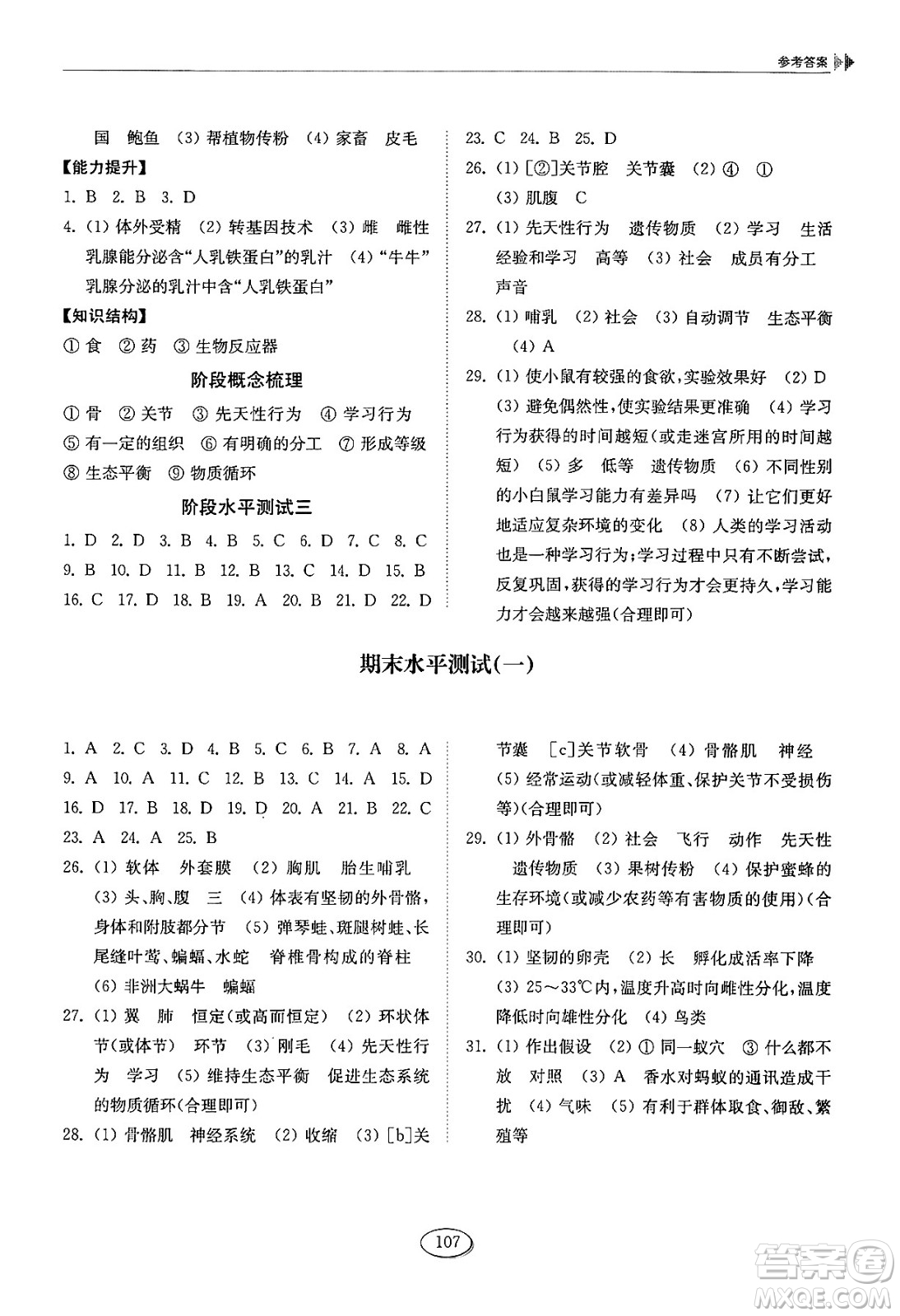 山東科學(xué)技術(shù)出版社2024秋初中同步練習(xí)冊八年級生物上冊魯科版五四制答案