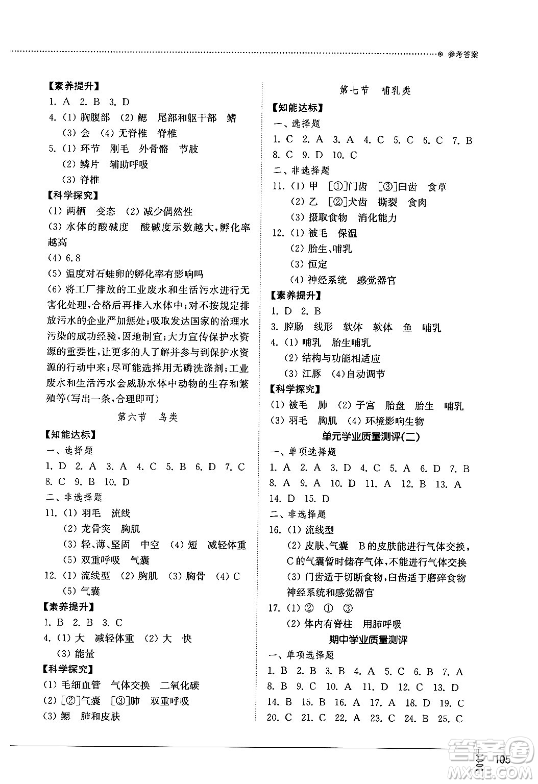 山東教育出版社2024秋初中同步練習(xí)冊八年級生物上冊魯科版五四制答案