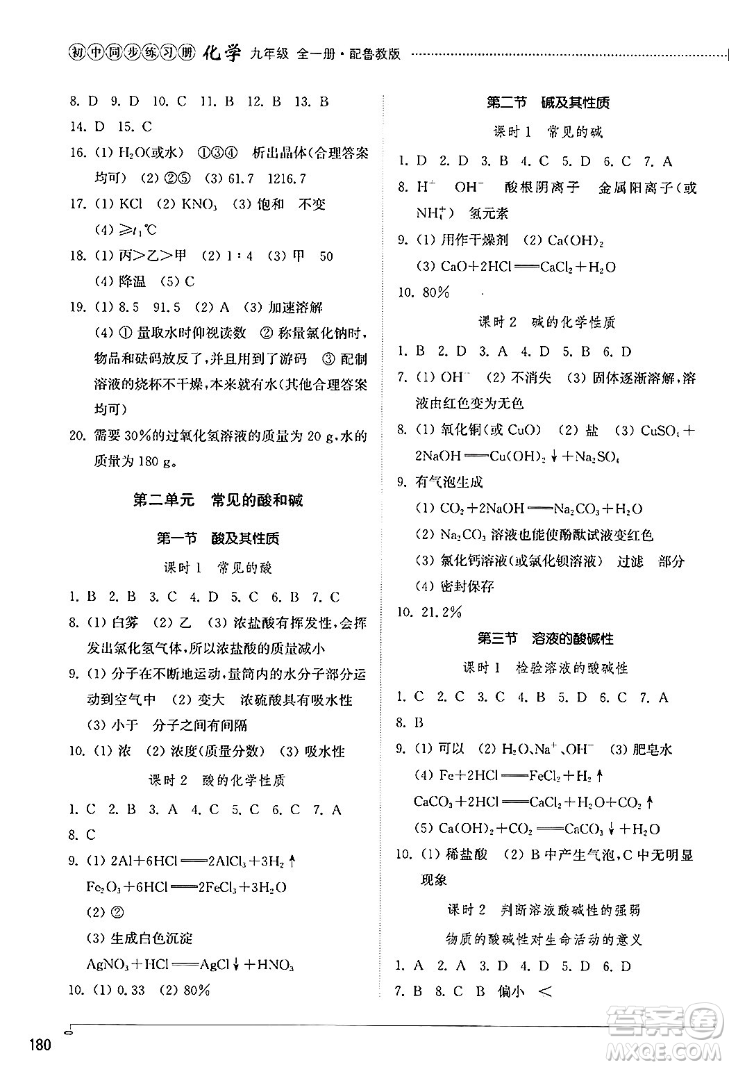 山東教育出版社2024秋初中同步練習(xí)冊(cè)九年級(jí)化學(xué)上冊(cè)魯教版五四制答案