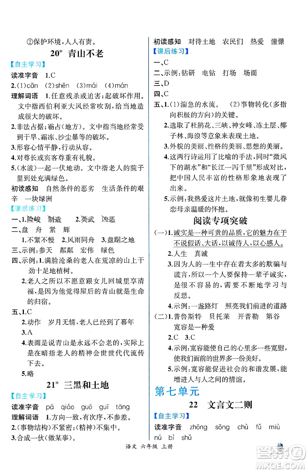 人民教育出版社2024年秋人教金學典同步練習冊同步解析與測評六年級語文上冊人教版云南專版答案