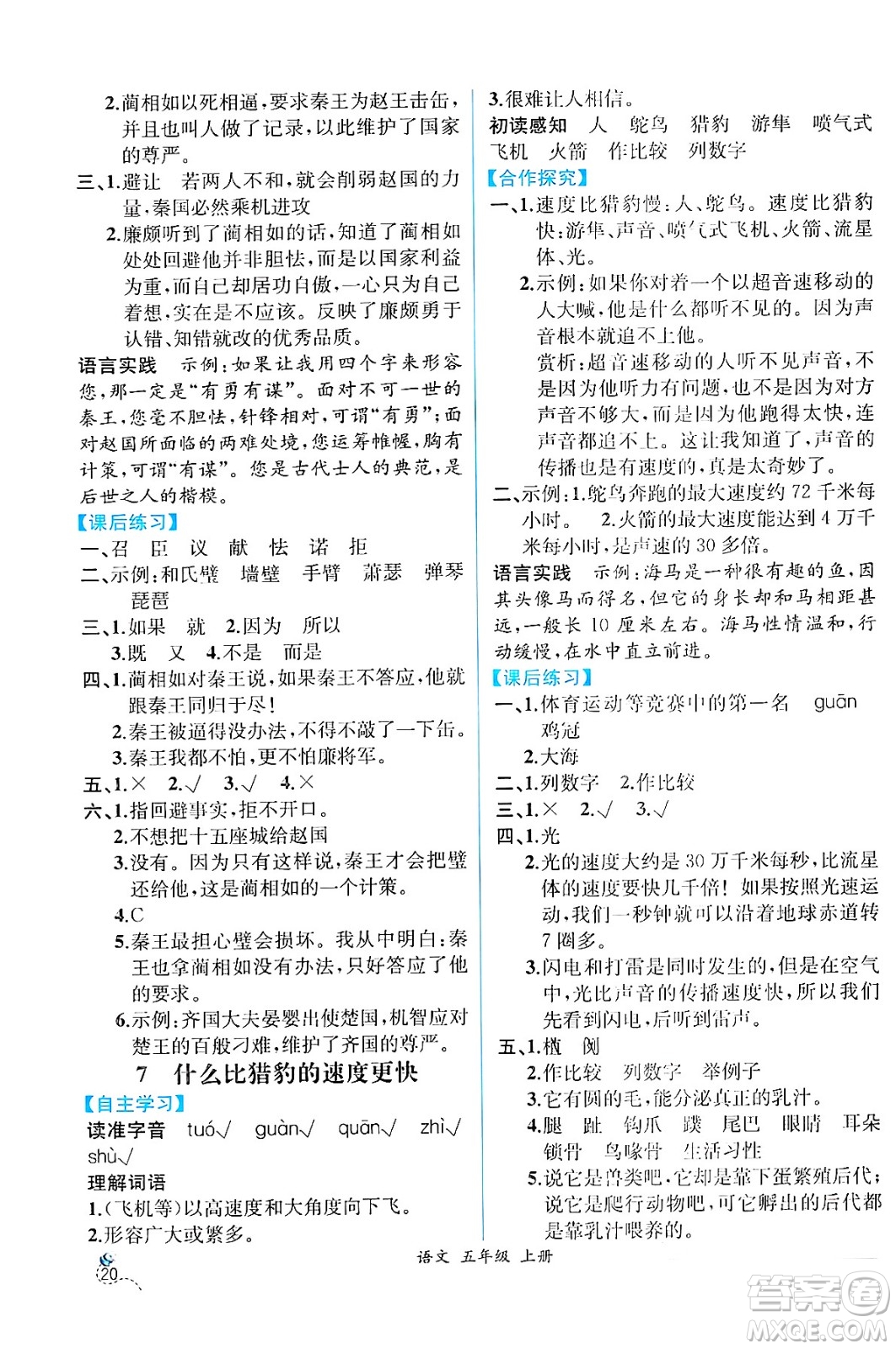 人民教育出版社2024年秋人教金學典同步練習冊同步解析與測評五年級語文上冊人教版云南專版答案