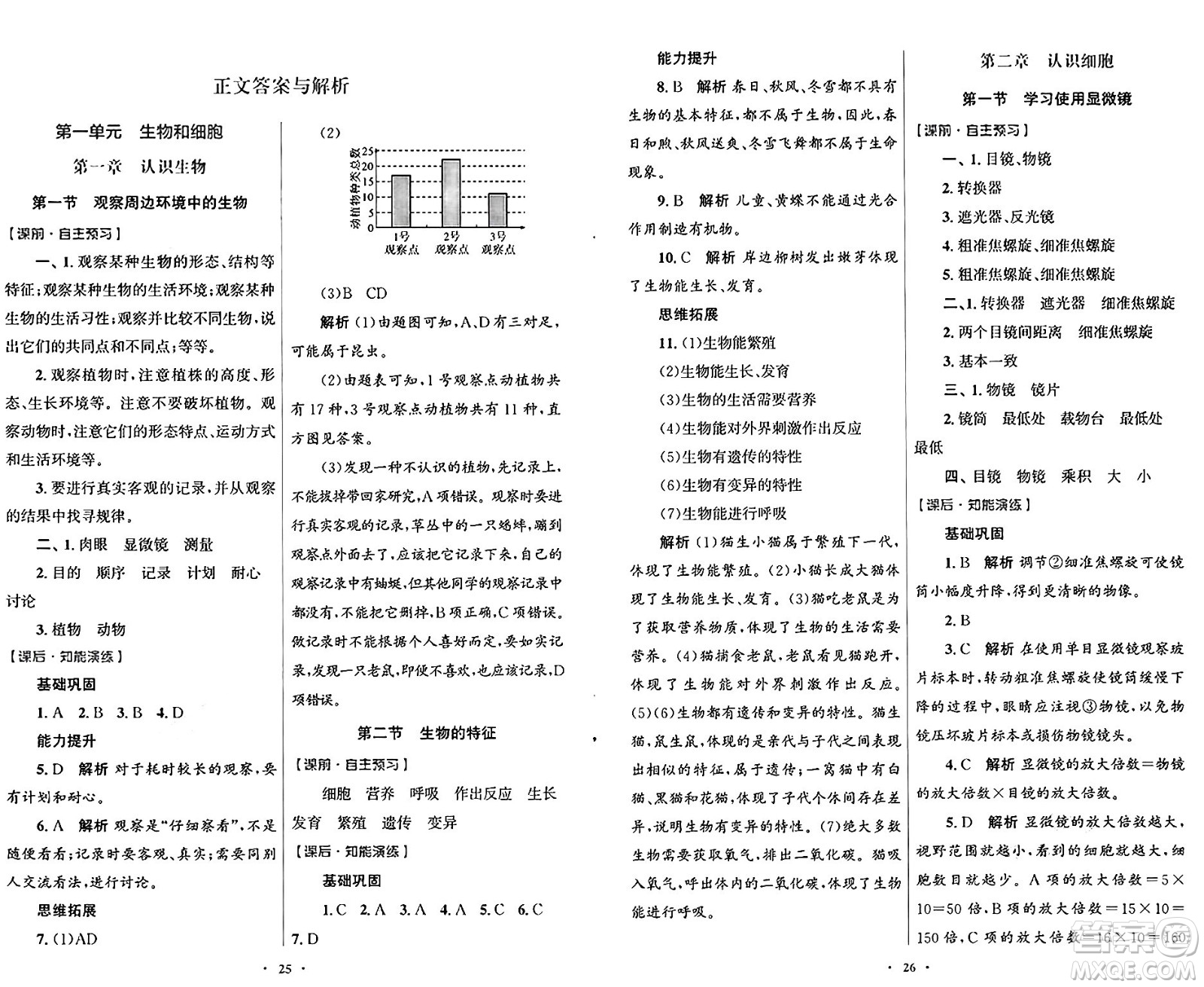 人民教育出版社2024年秋初中同步測控優(yōu)化設(shè)計七年級生物上冊人教版福建專版答案