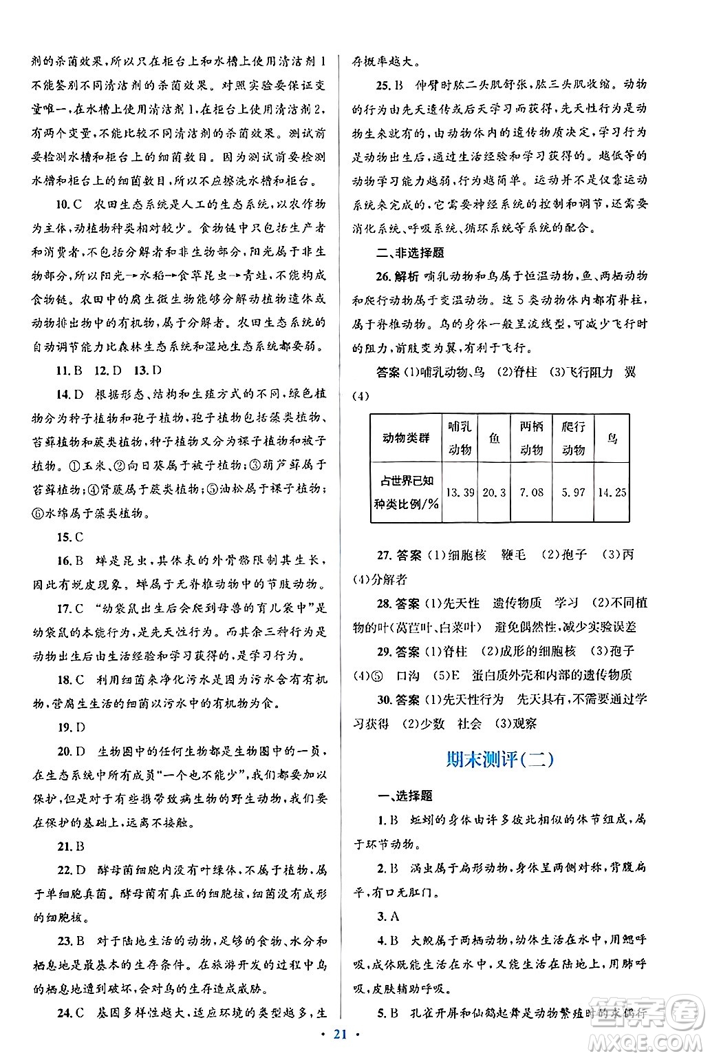 人民教育出版社2024年秋同步解析與測評學練考八年級生物上冊人教版答案