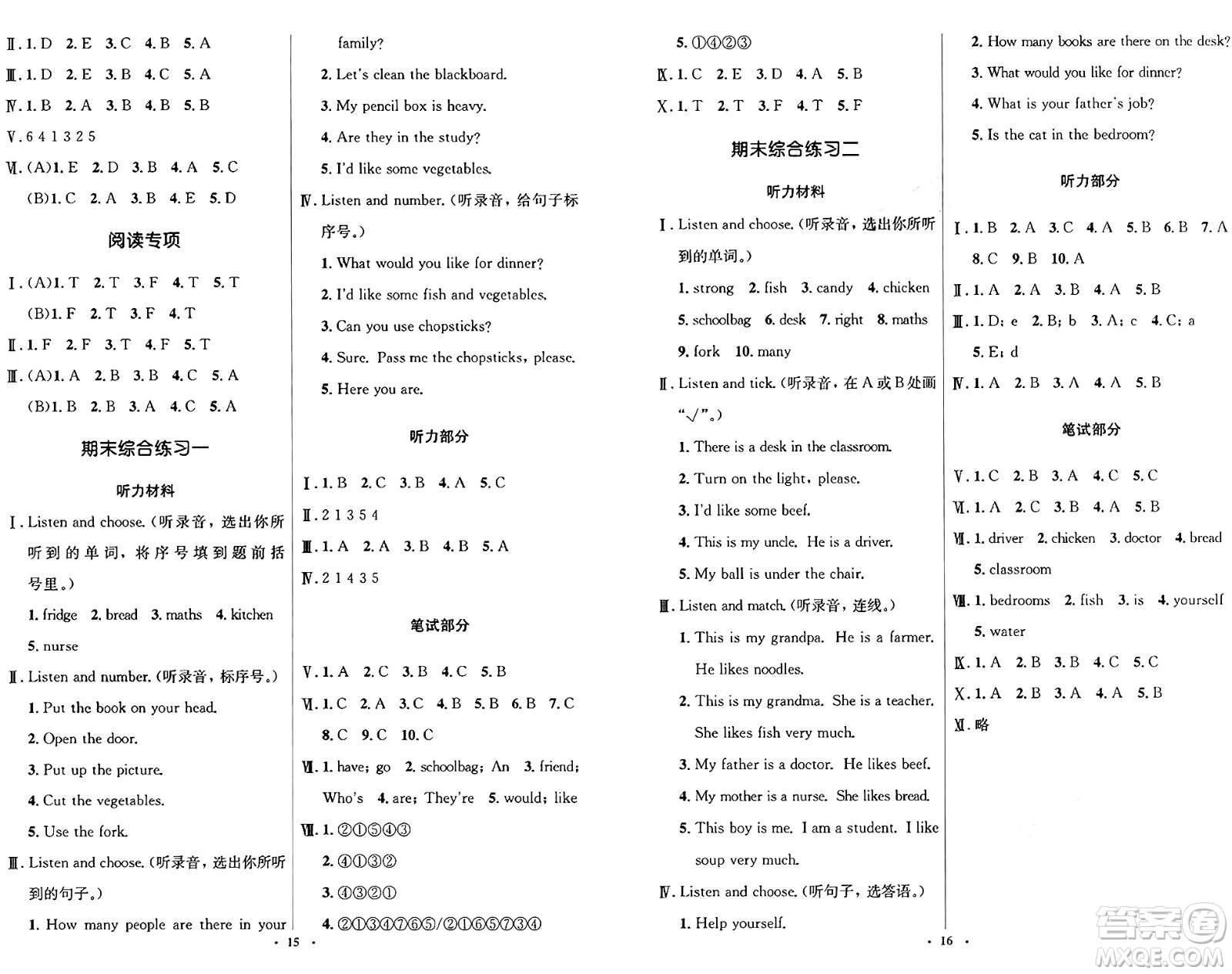 人民教育出版社2024年秋同步解析與測評學(xué)練考四年級英語上冊人教版答案