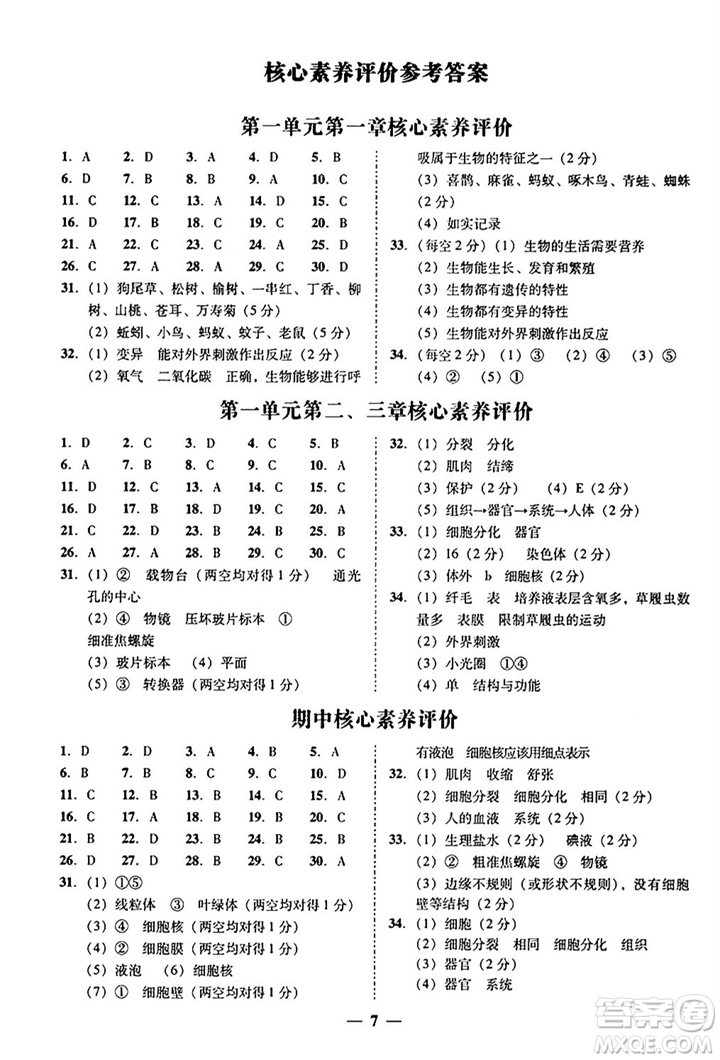 廣東教育出版社2024年秋南粵學典學考精練七年級生物上冊人教版答案