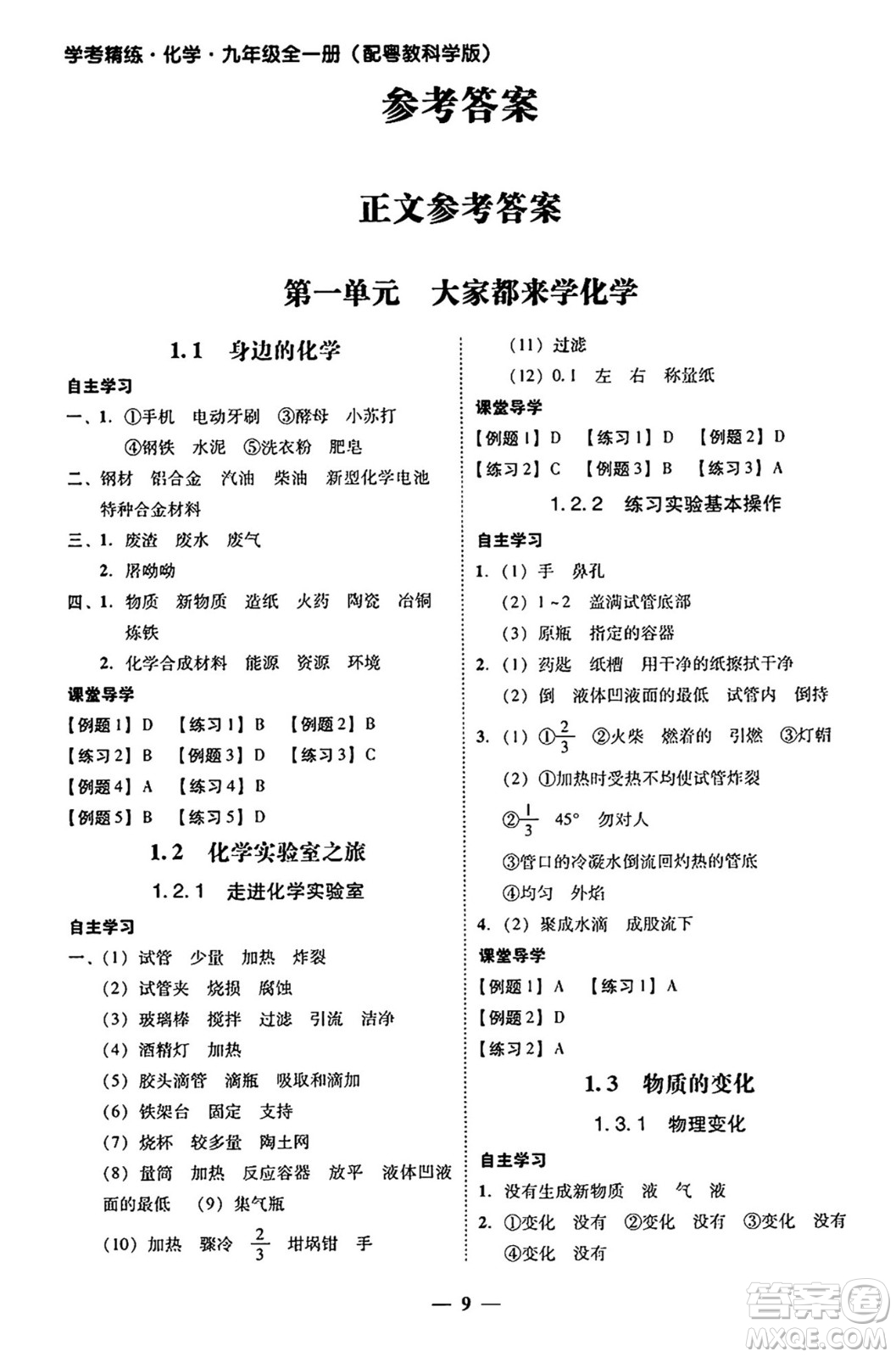 廣東教育出版社2025年秋南粵學典學考精練九年級化學全一冊科粵版答案