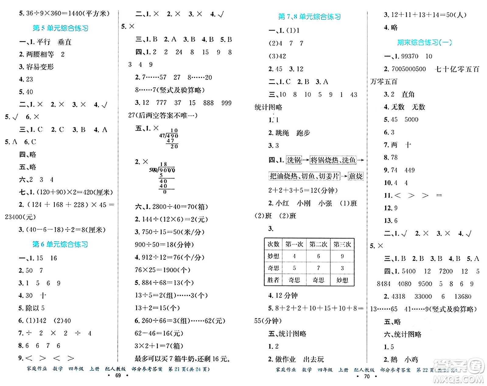 貴州教育出版社2024年秋家庭作業(yè)四年級數(shù)學上冊人教版答案