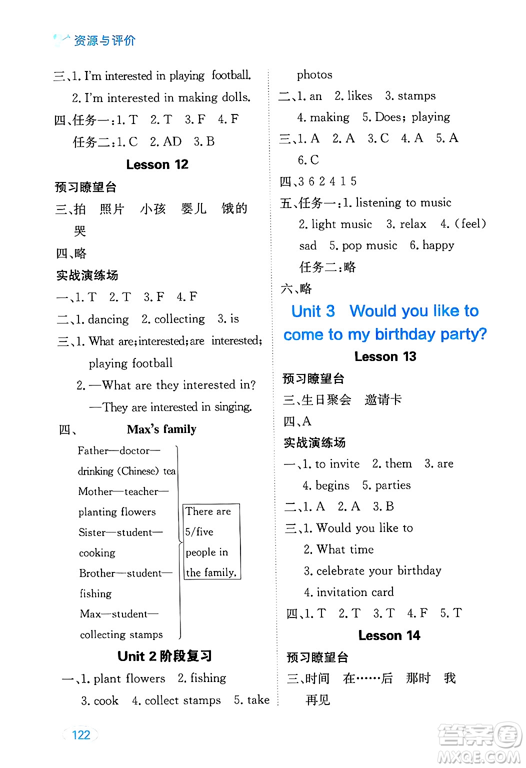 黑龍江教育出版社2024年秋資源與評價六年級英語上冊精通人教版答案