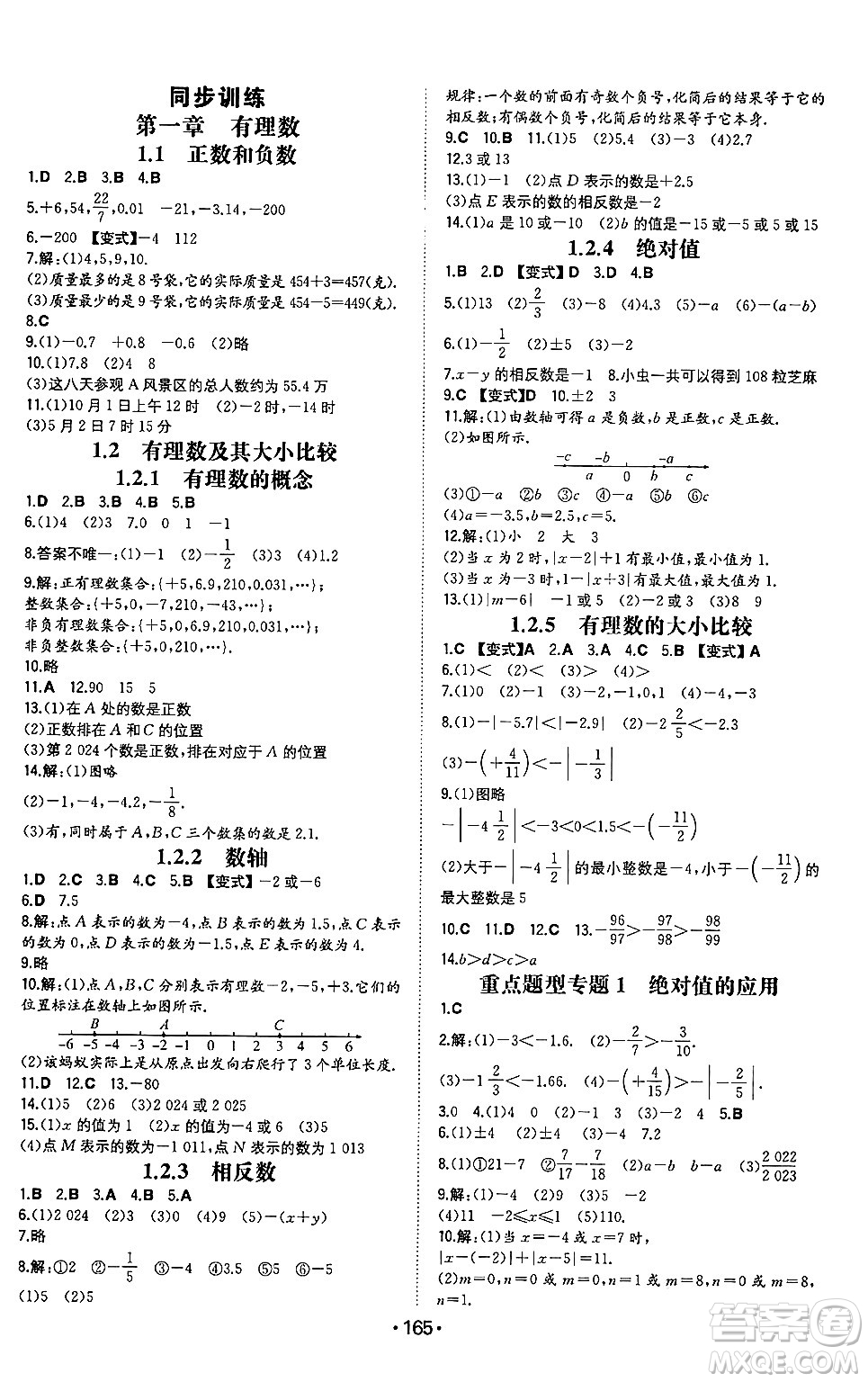 湖南教育出版社2024年秋一本同步訓(xùn)練七年級數(shù)學(xué)上冊人教版重慶專版答案