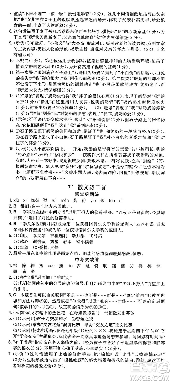 湖南教育出版社2024年秋一本同步訓(xùn)練七年級(jí)語(yǔ)文上冊(cè)人教版重慶專版答案