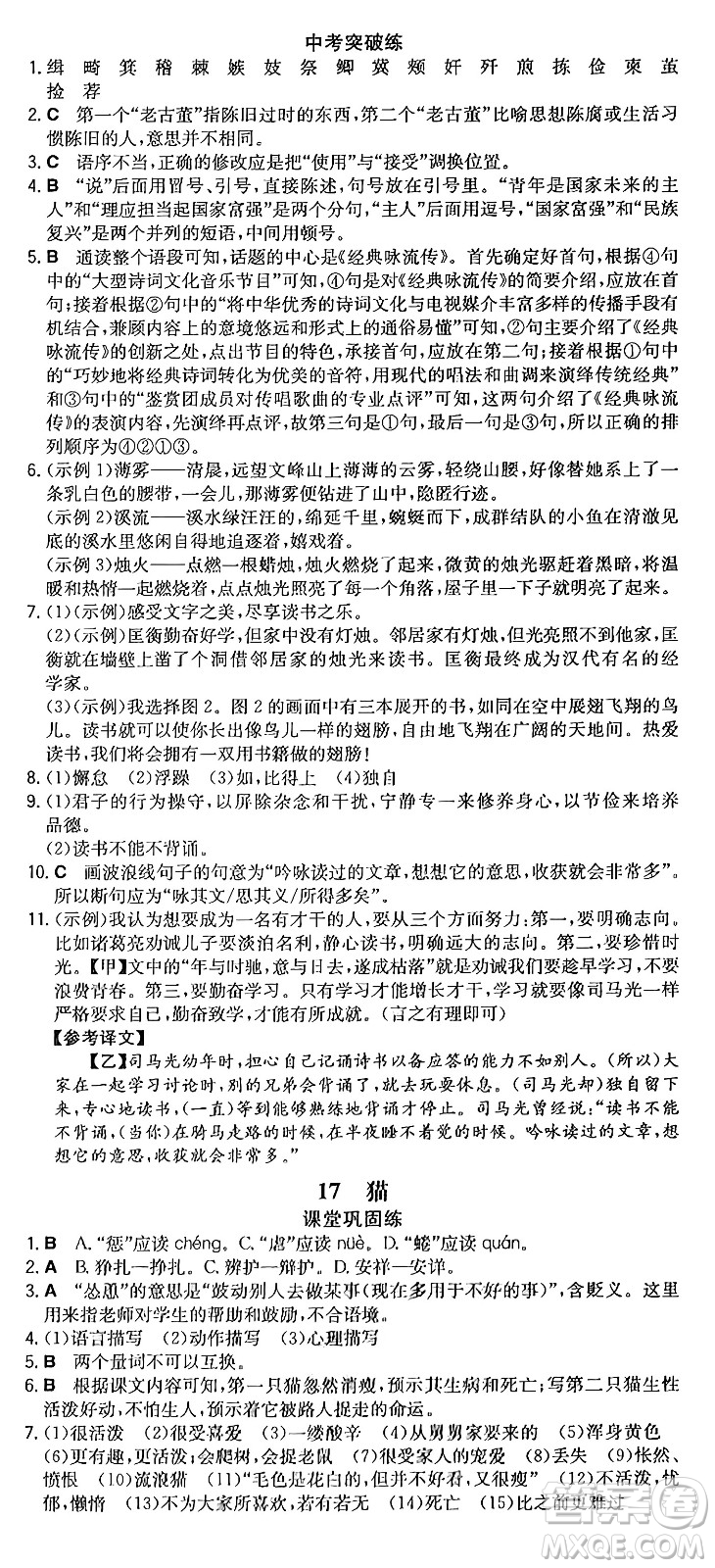 湖南教育出版社2024年秋一本同步訓(xùn)練七年級(jí)語(yǔ)文上冊(cè)人教版重慶專版答案