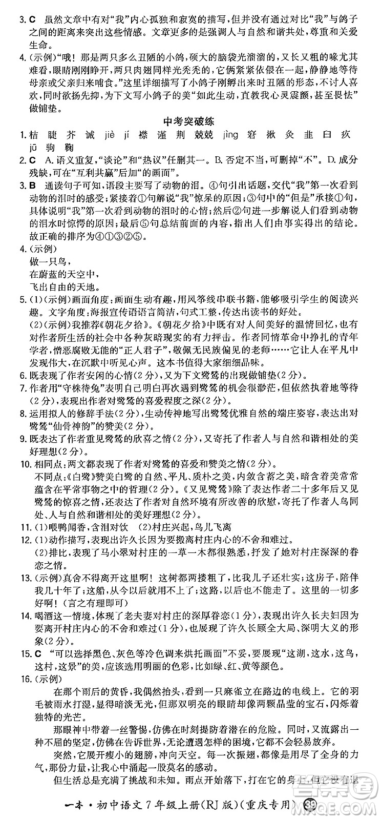 湖南教育出版社2024年秋一本同步訓(xùn)練七年級(jí)語(yǔ)文上冊(cè)人教版重慶專版答案