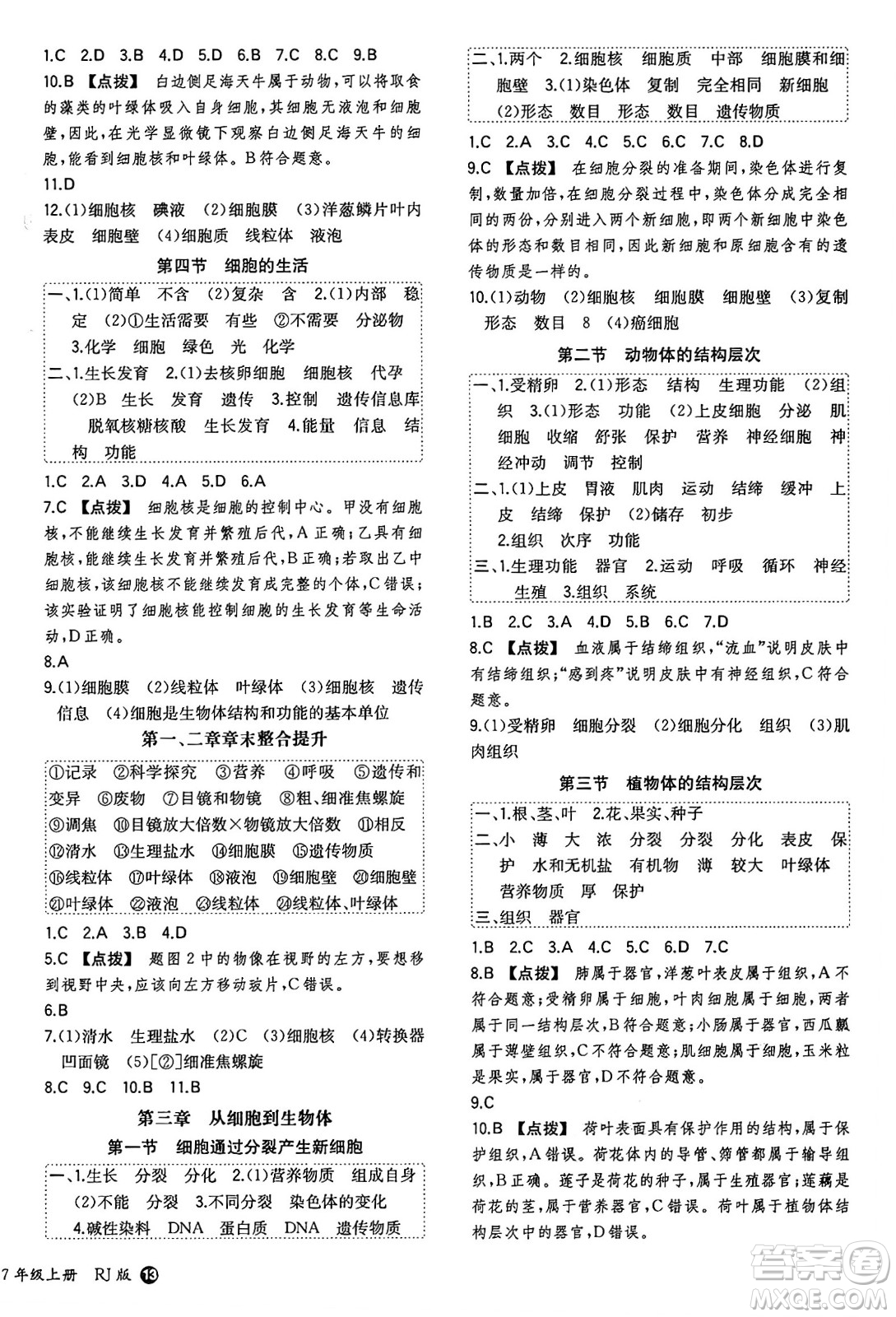 湖南教育出版社2024年秋一本同步訓(xùn)練七年級生物上冊人教版答案