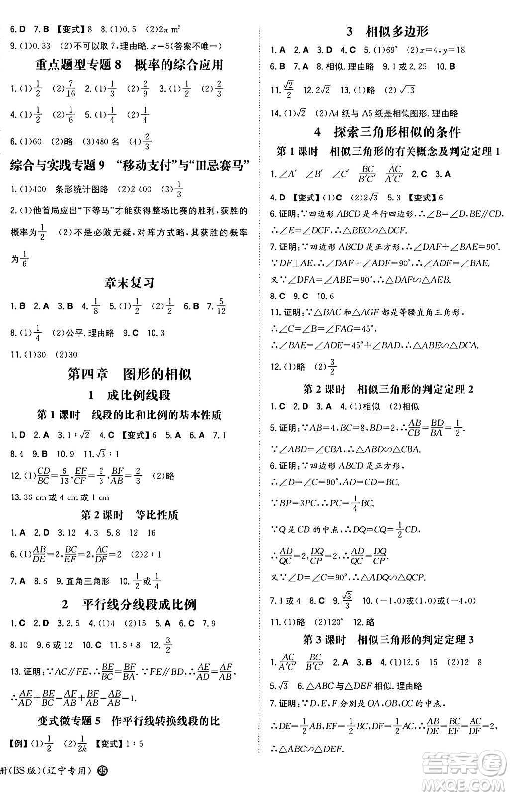 湖南教育出版社2024年秋一本同步訓練九年級數(shù)學上冊北師大版遼寧專版答案