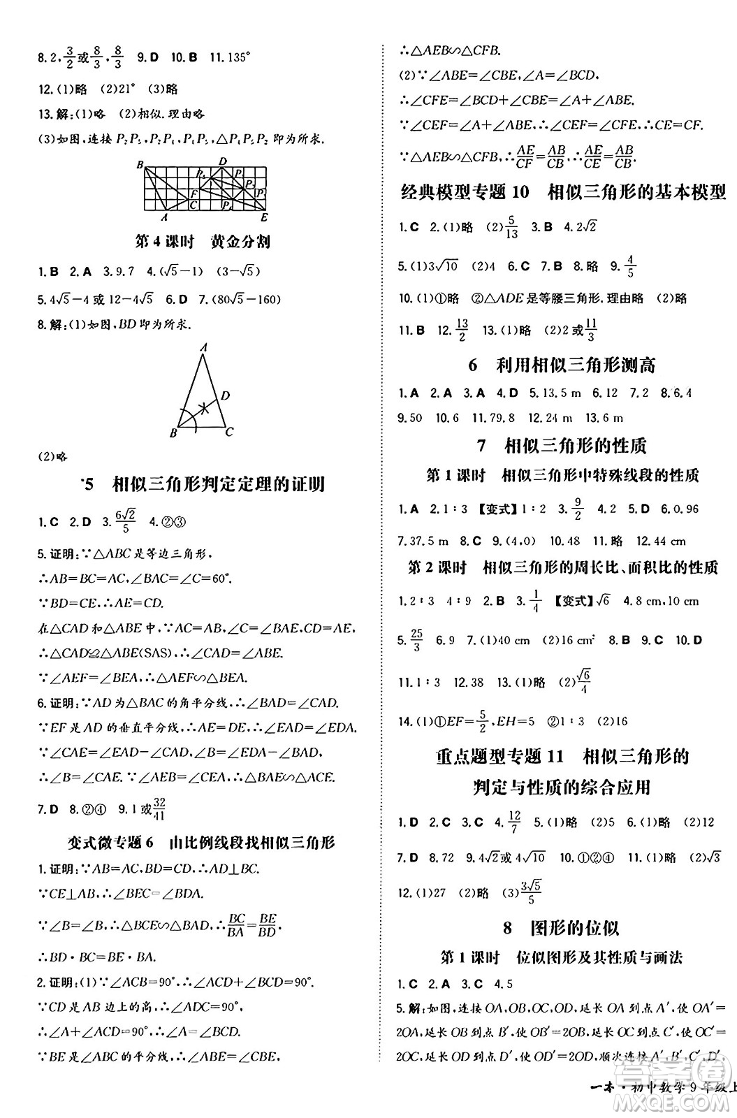 湖南教育出版社2024年秋一本同步訓練九年級數(shù)學上冊北師大版遼寧專版答案