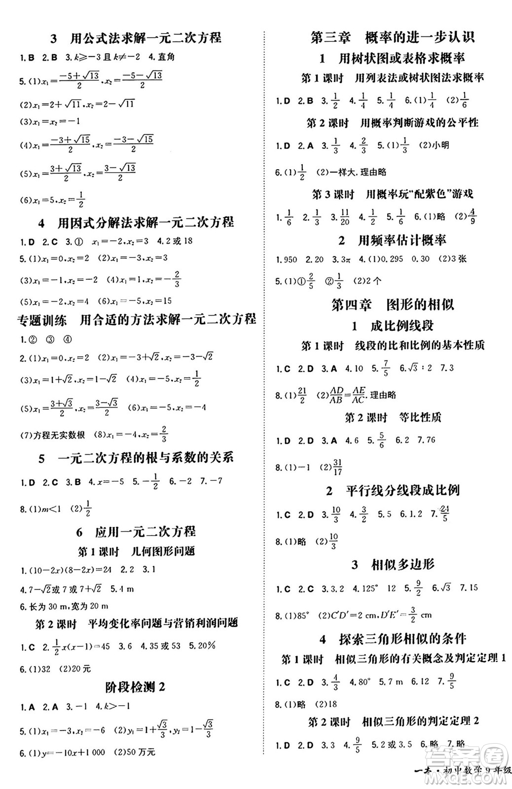 湖南教育出版社2024年秋一本同步訓練九年級數(shù)學上冊北師大版遼寧專版答案