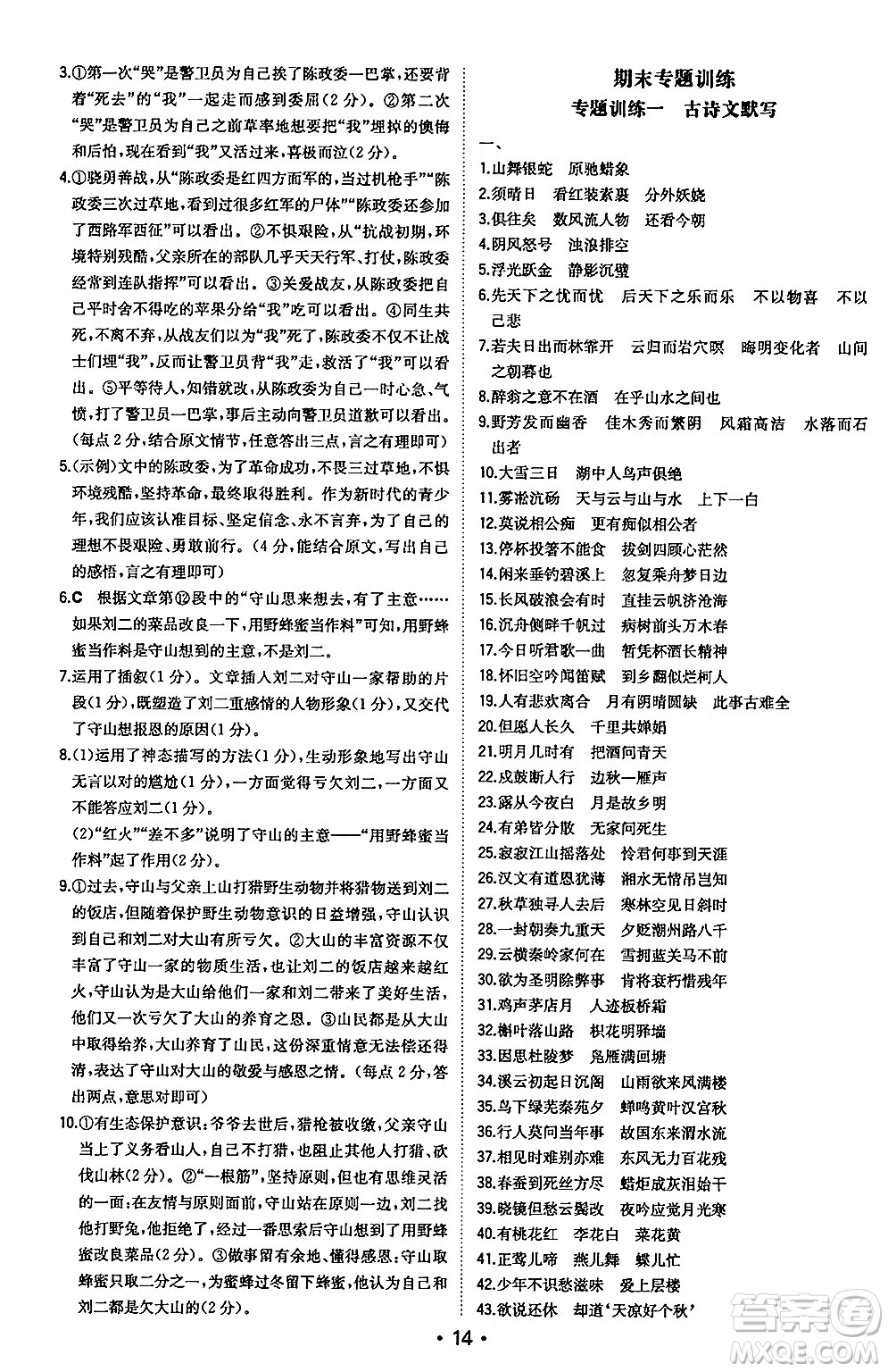 湖南教育出版社2024年秋一本同步訓(xùn)練九年級(jí)語(yǔ)文上冊(cè)人教版安徽專版答案