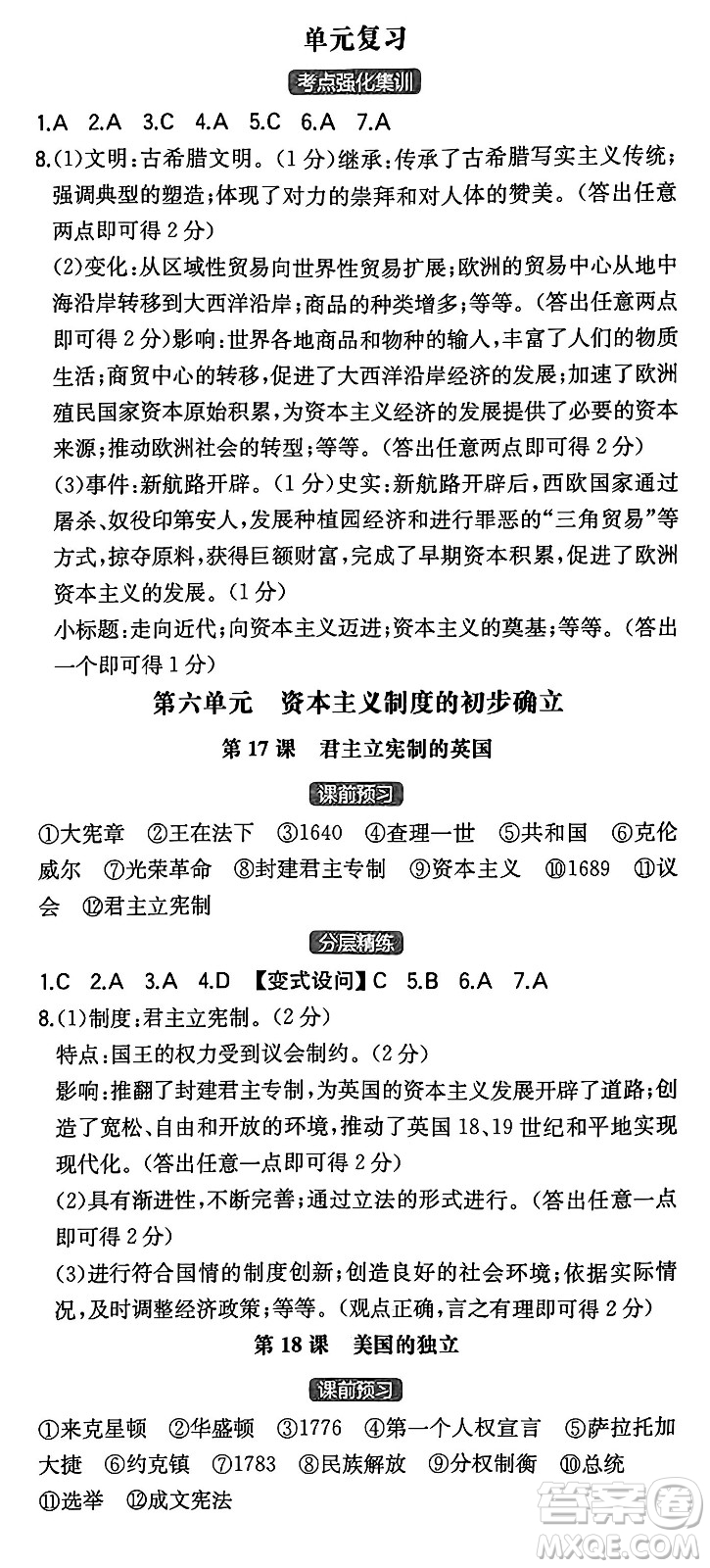 湖南教育出版社2024年秋一本同步訓(xùn)練九年級(jí)歷史上冊(cè)人教版陜西專(zhuān)版答案