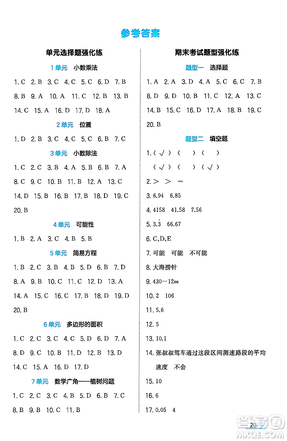 湖南教育出版社2024年秋一本同步訓(xùn)練五年級(jí)數(shù)學(xué)上冊(cè)人教版福建專版答案