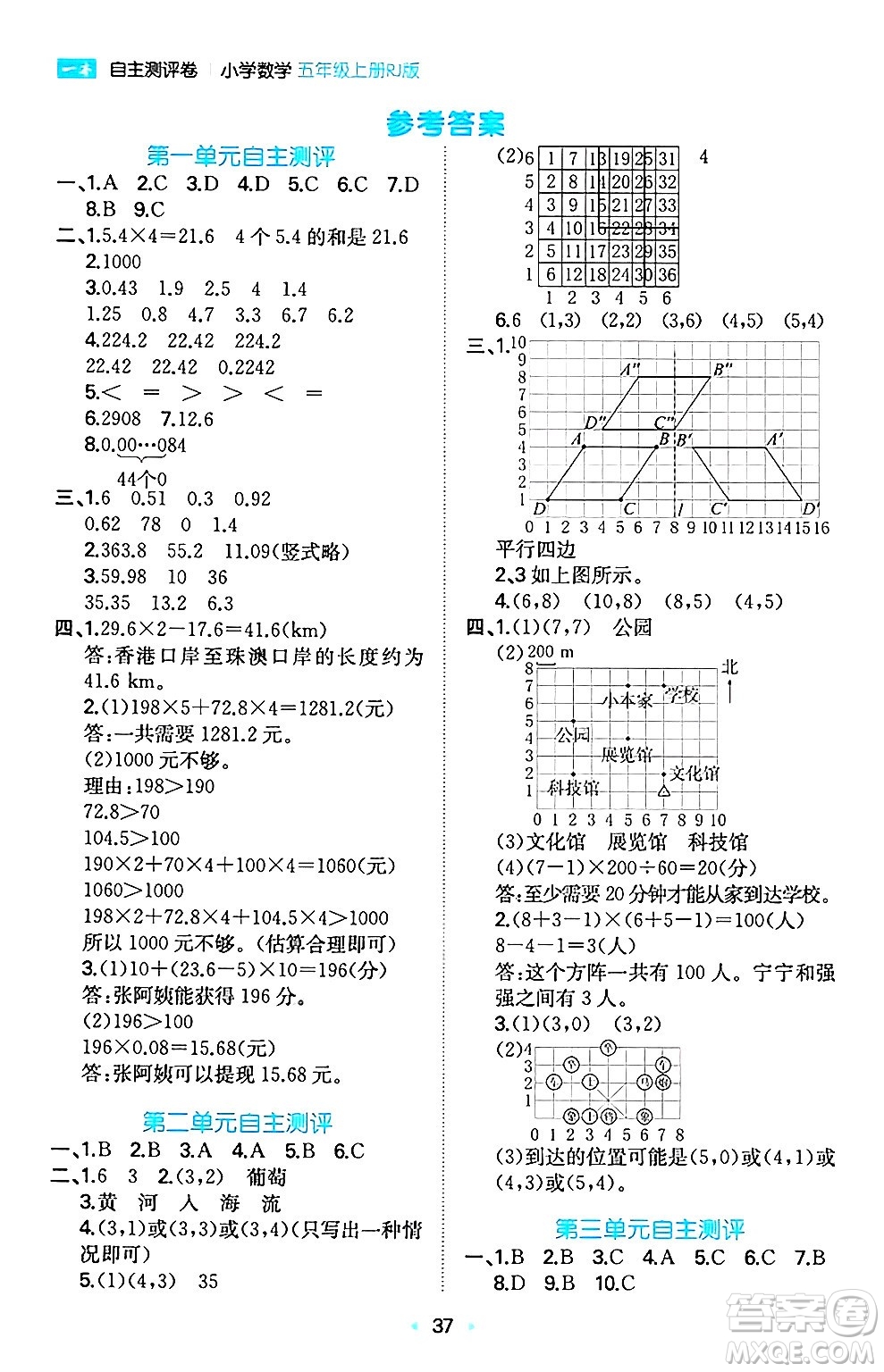 湖南教育出版社2024年秋一本同步訓(xùn)練五年級(jí)數(shù)學(xué)上冊(cè)人教版福建專版答案