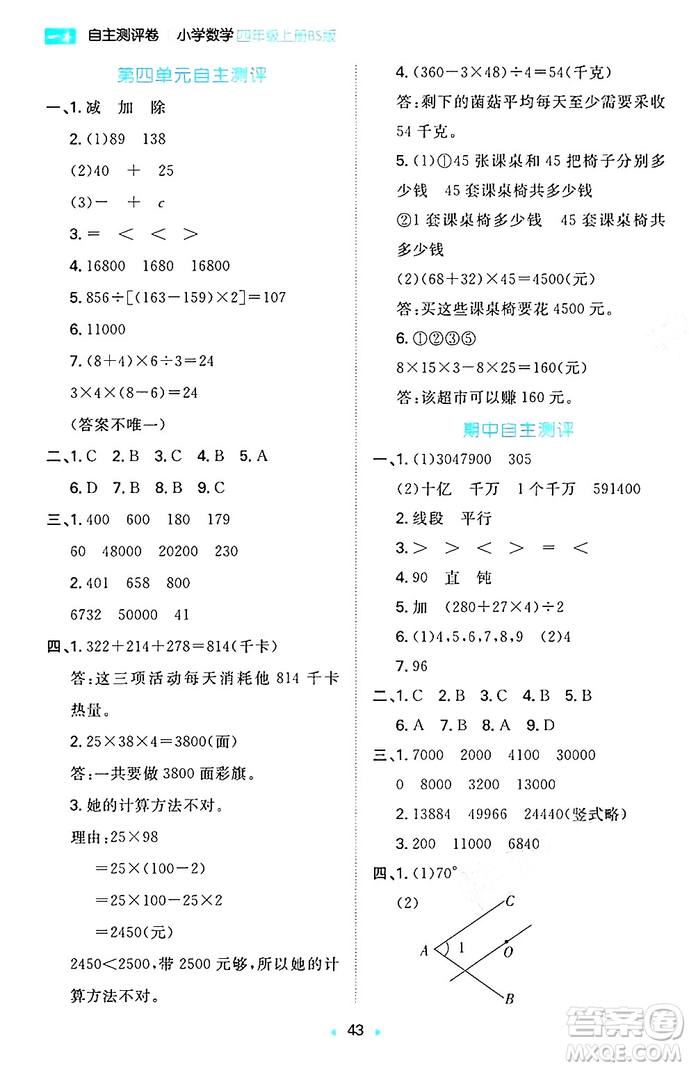 湖南教育出版社2024年秋一本同步訓(xùn)練四年級(jí)數(shù)學(xué)上冊(cè)北師大版答案