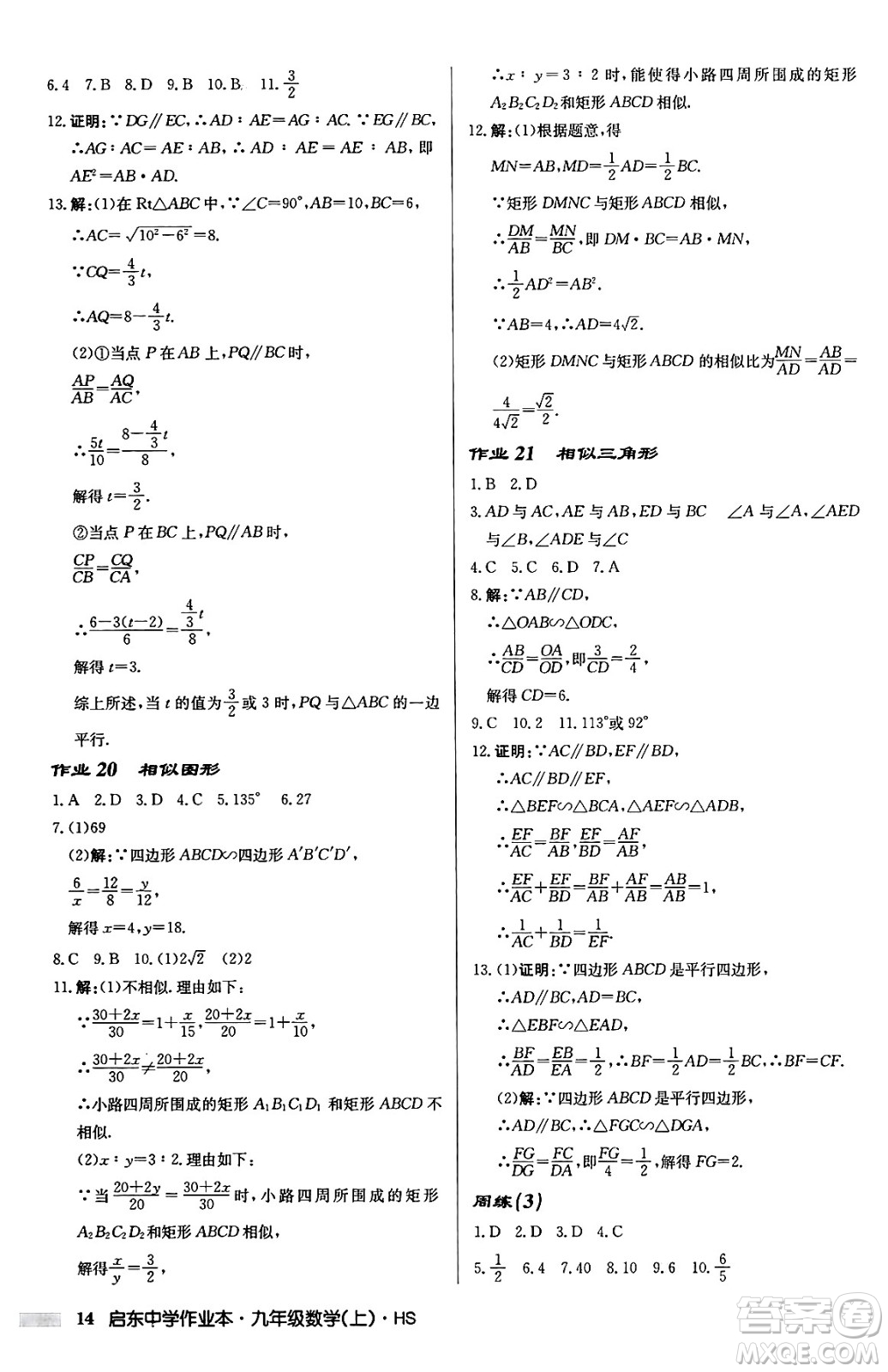 龍門書局2024秋啟東中學作業(yè)本九年級數(shù)學上冊華師版吉林專版答案