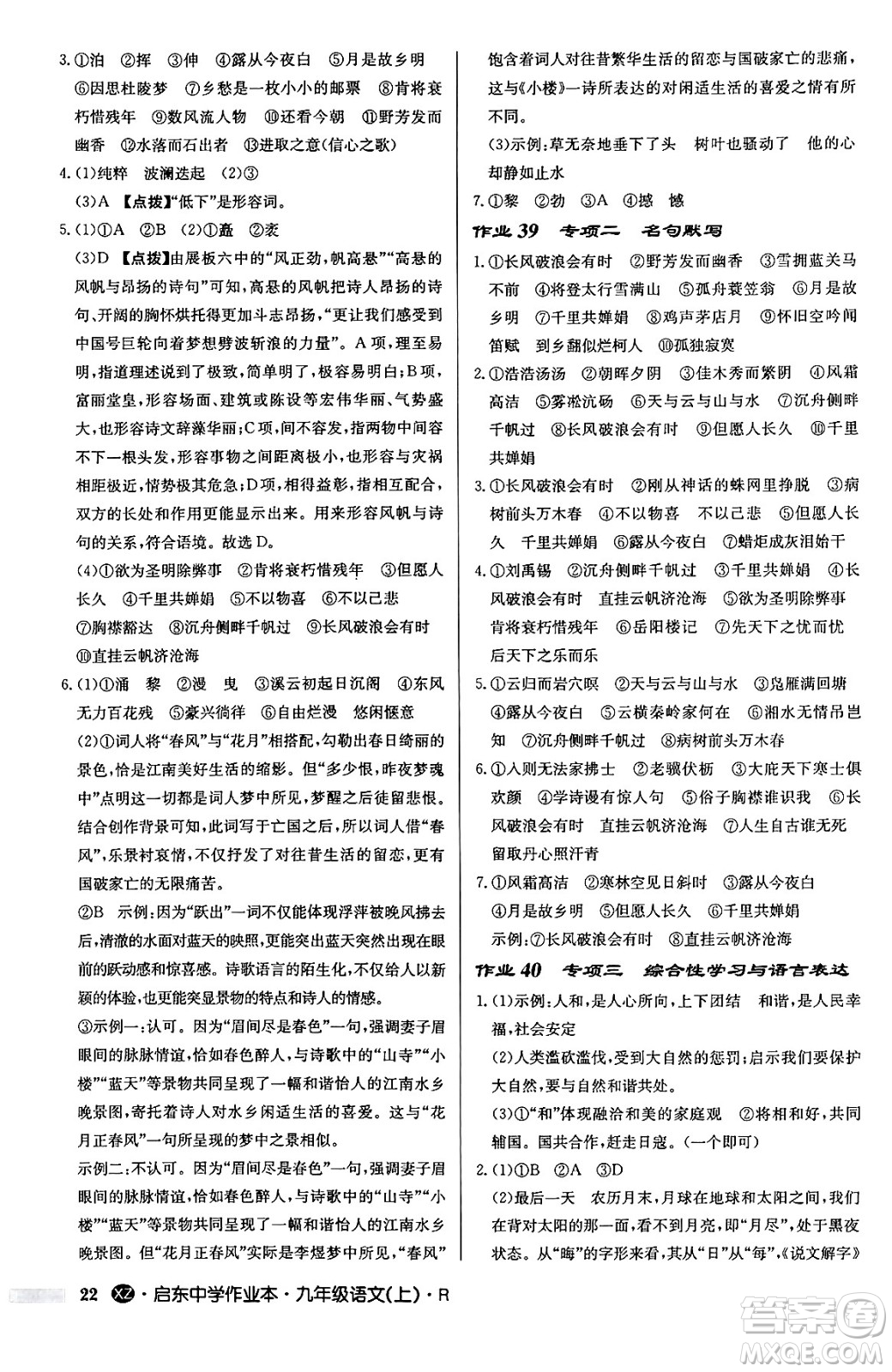 龍門書局2024秋啟東中學(xué)作業(yè)本九年級語文上冊人教版江蘇專版答案