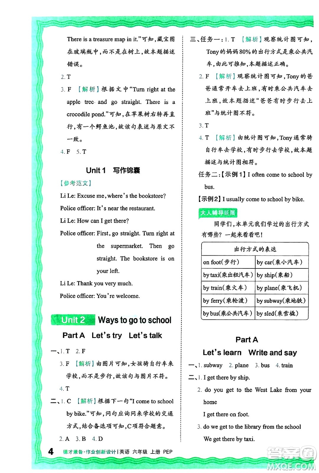 江西人民出版社2024年秋王朝霞德才兼?zhèn)渥鳂I(yè)創(chuàng)新設計六年級英語上冊人教PEP版答案