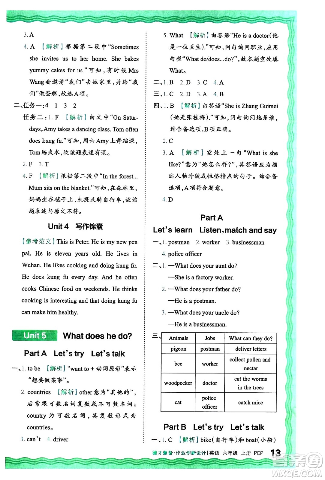 江西人民出版社2024年秋王朝霞德才兼?zhèn)渥鳂I(yè)創(chuàng)新設計六年級英語上冊人教PEP版答案