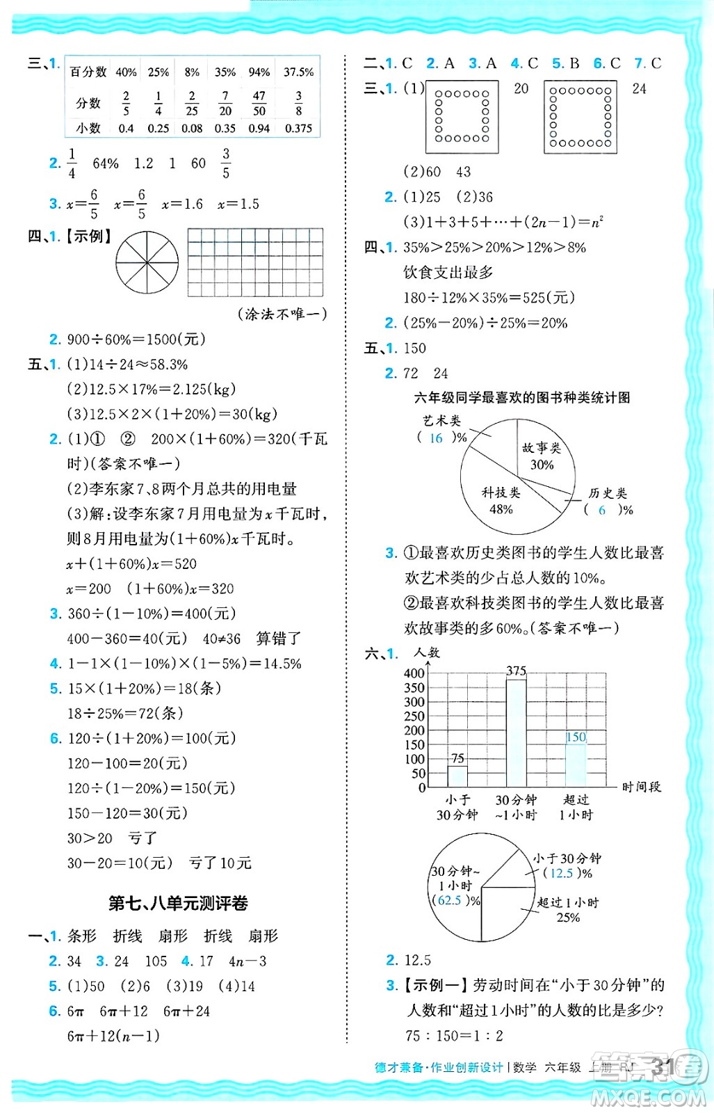 江西人民出版社2024年秋王朝霞德才兼?zhèn)渥鳂I(yè)創(chuàng)新設(shè)計六年級數(shù)學上冊人教版答案