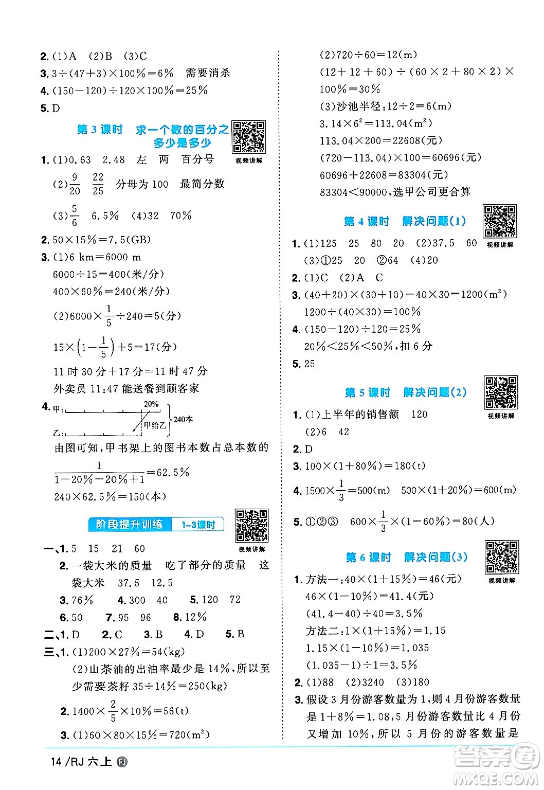 福建少年兒童出版社2024年秋陽光同學(xué)課時優(yōu)化作業(yè)六年級數(shù)學(xué)上冊人教版福建專版答案