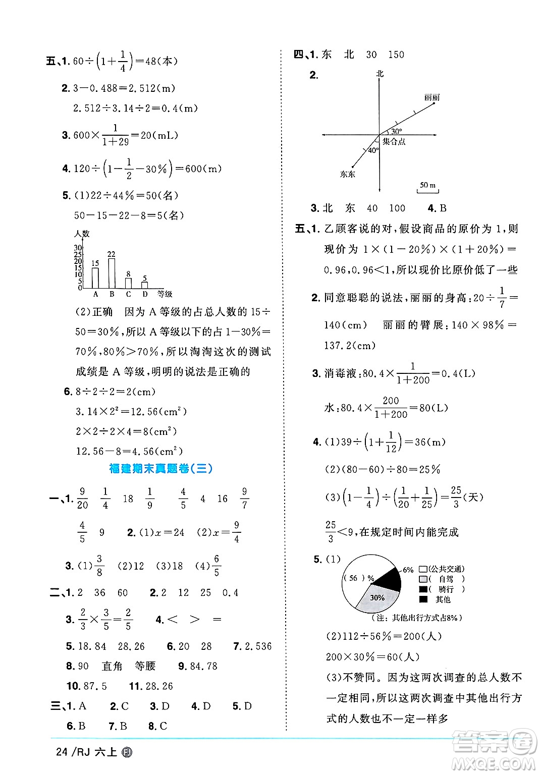 福建少年兒童出版社2024年秋陽光同學(xué)課時優(yōu)化作業(yè)六年級數(shù)學(xué)上冊人教版福建專版答案