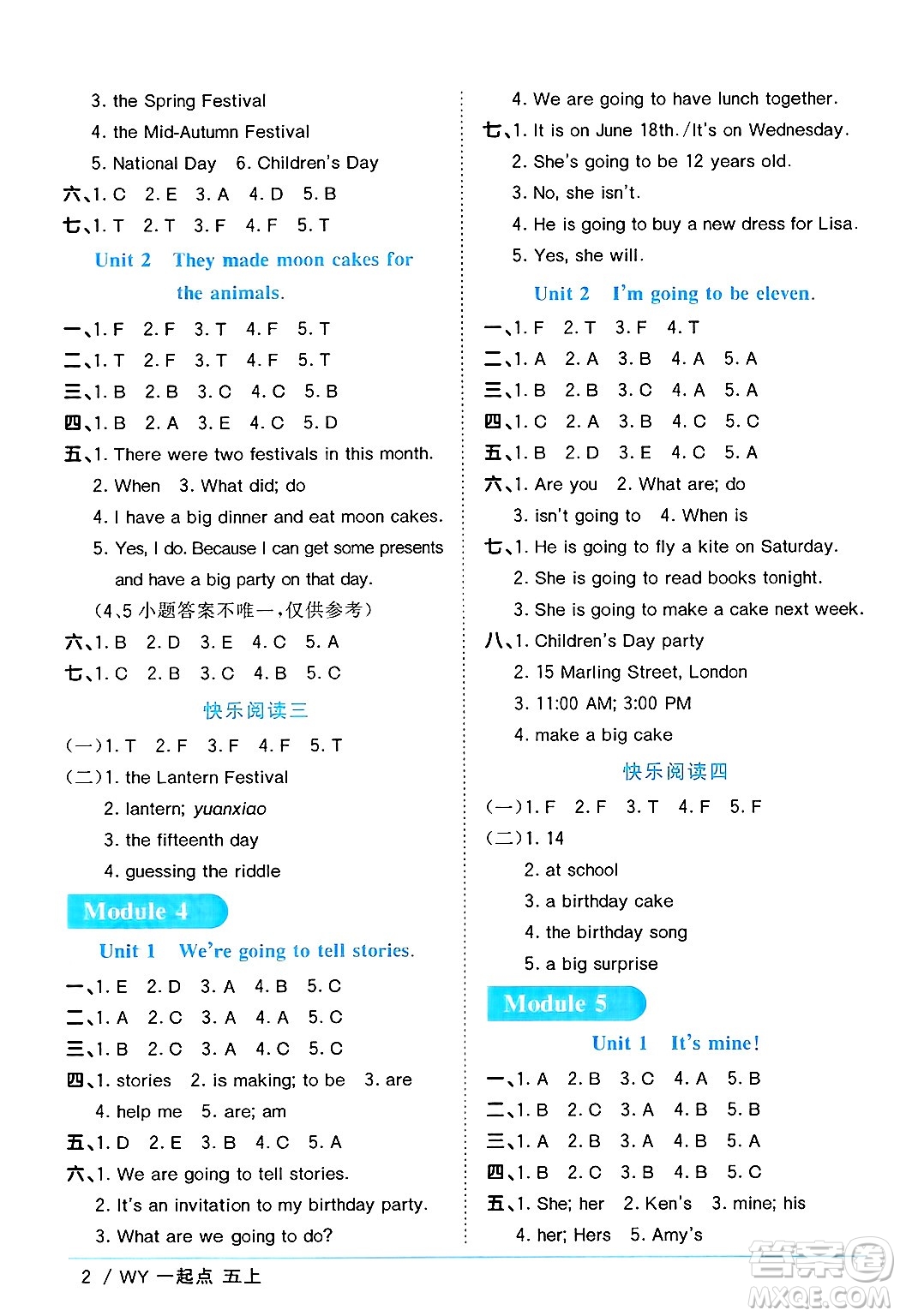 江西教育出版社2024年秋陽光同學(xué)課時(shí)優(yōu)化作業(yè)五年級(jí)英語上冊(cè)外研版一起點(diǎn)答案