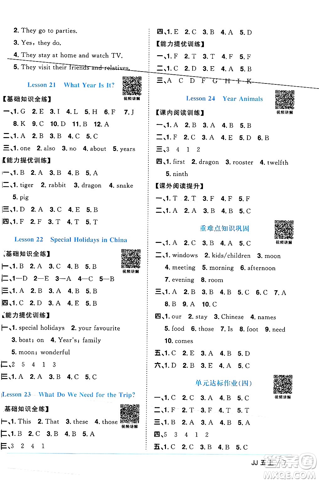 江西教育出版社2024年秋陽光同學課時優(yōu)化作業(yè)五年級英語上冊冀教版答案