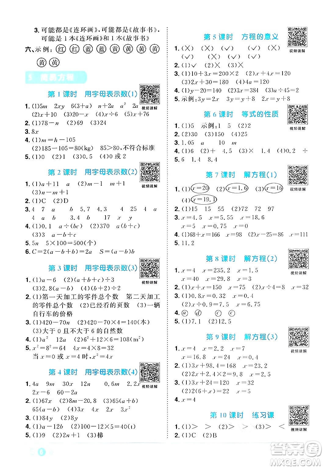 江西教育出版社2024年秋陽光同學(xué)課時(shí)優(yōu)化作業(yè)五年級數(shù)學(xué)上冊人教版答案