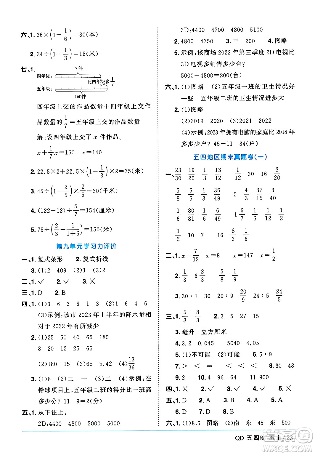 江西教育出版社2024年秋陽光同學(xué)課時(shí)優(yōu)化作業(yè)五年級數(shù)學(xué)上冊青島版山東專版五四制答案