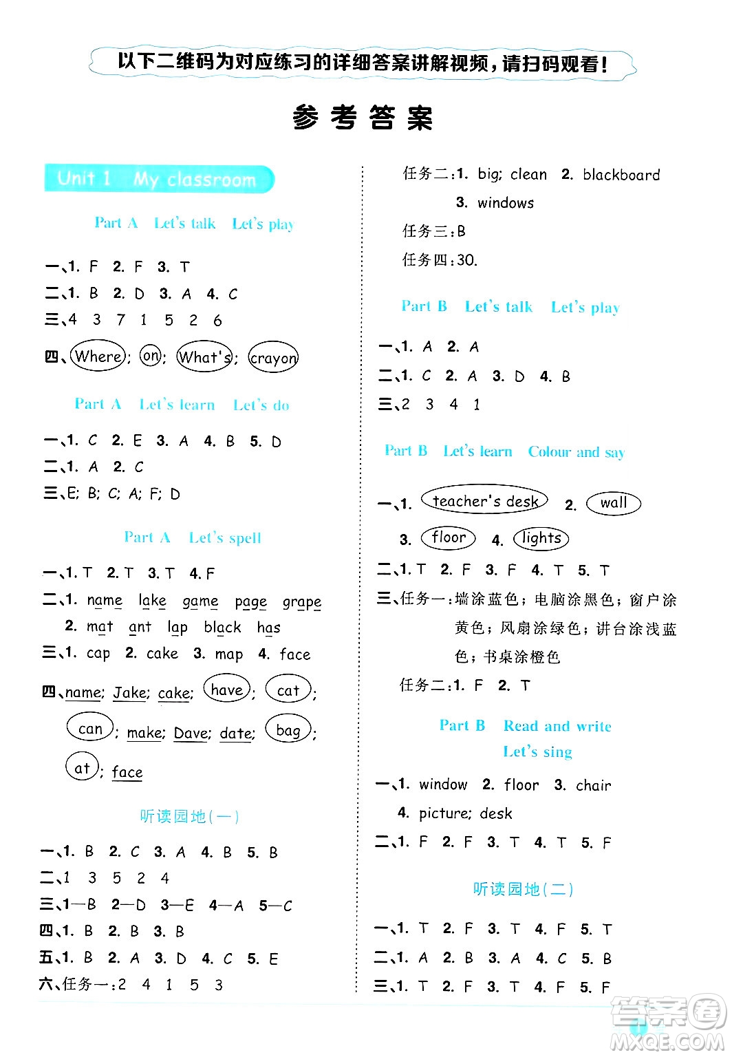 江西教育出版社2024年秋陽光同學(xué)課時優(yōu)化作業(yè)四年級英語上冊人教PEP版答案