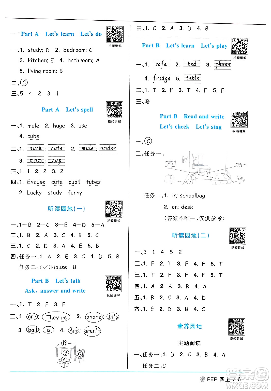 甘肅少年兒童出版社2024年秋陽光同學(xué)課時優(yōu)化作業(yè)四年級英語上冊人教PEP版山東專版答案