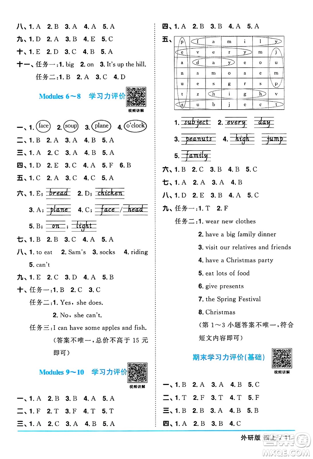 江西教育出版社2024年秋陽光同學(xué)課時優(yōu)化作業(yè)四年級英語上冊外研版三起點答案