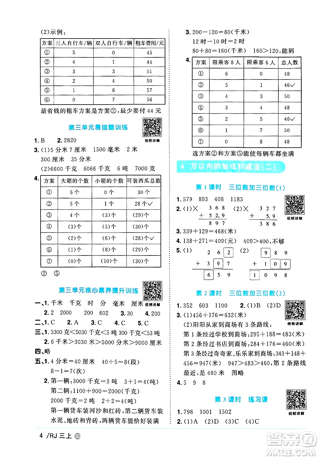 甘肅少年兒童出版社2024年秋陽光同學(xué)課時優(yōu)化作業(yè)三年級數(shù)學(xué)上冊人教版山東專版答案