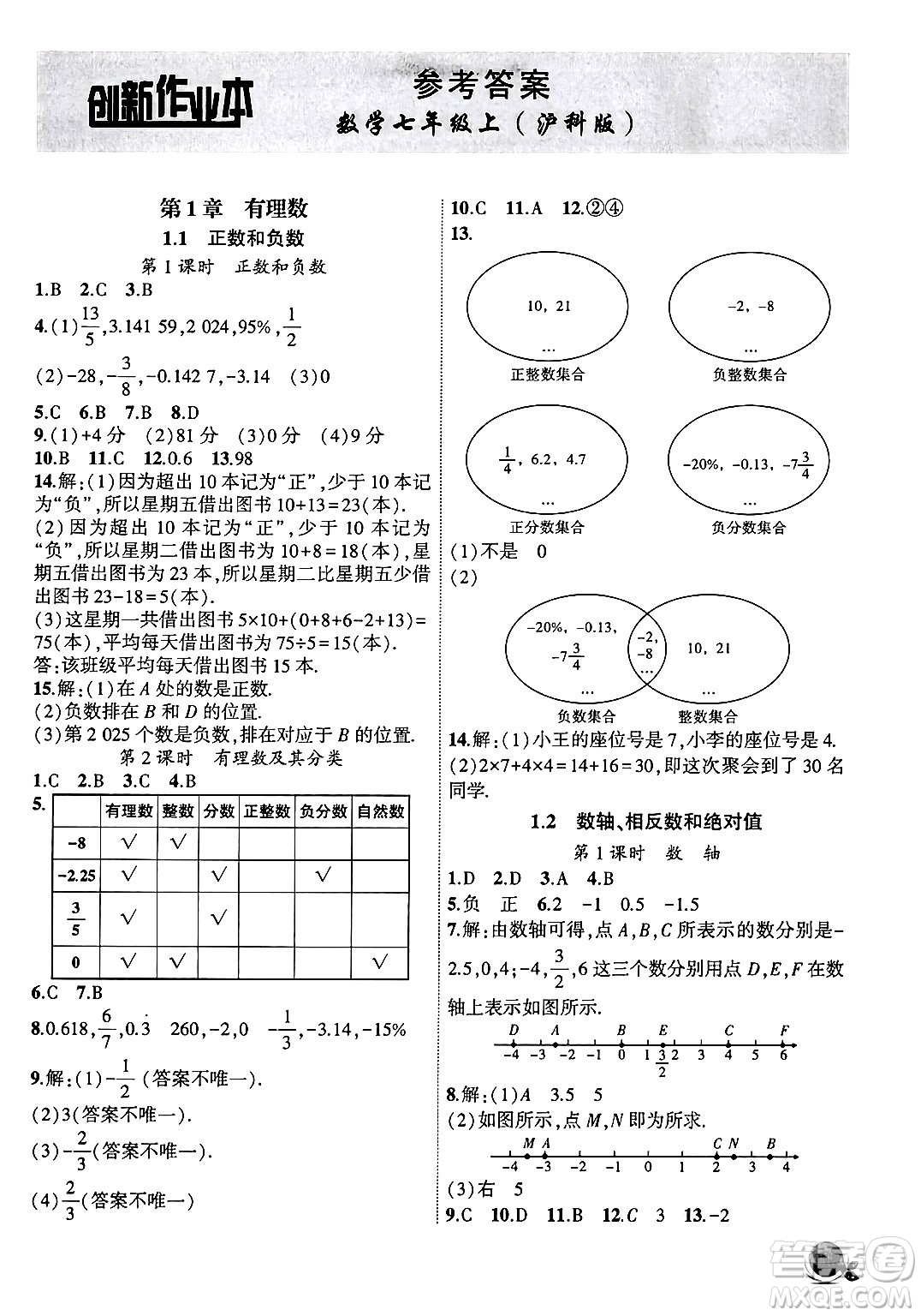 安徽大學(xué)出版社2024年秋創(chuàng)新課堂創(chuàng)新作業(yè)本七年級(jí)數(shù)學(xué)上冊滬科版答案