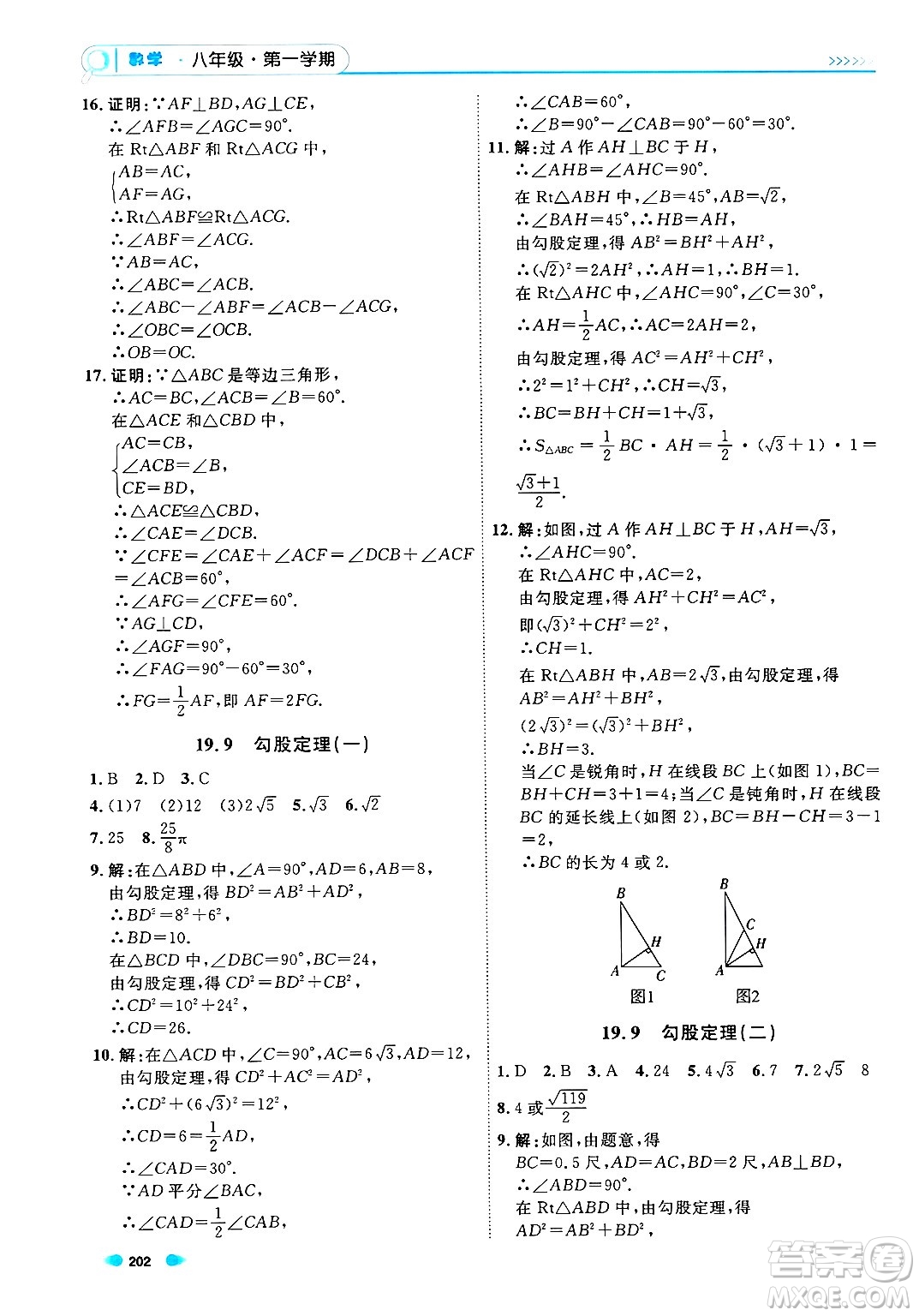 天津人民出版社2024年秋上海作業(yè)八年級(jí)數(shù)學(xué)上冊上海專版答案